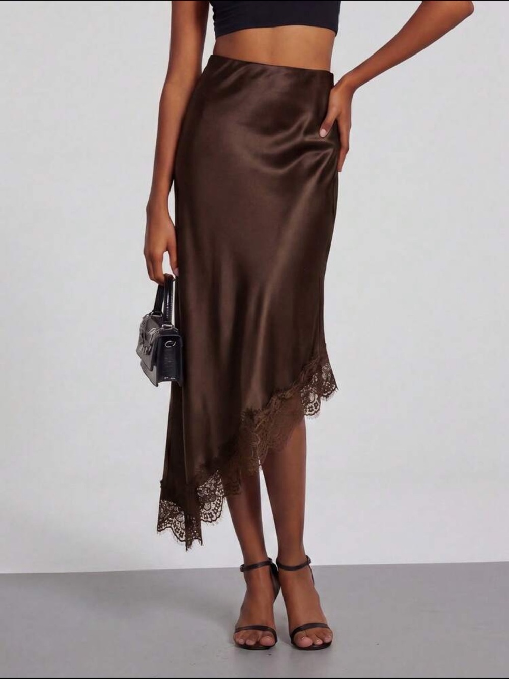 Satin Lace-Trim Asymmetrical High Rise Midi Skirt - Black - Picture 7 of 15